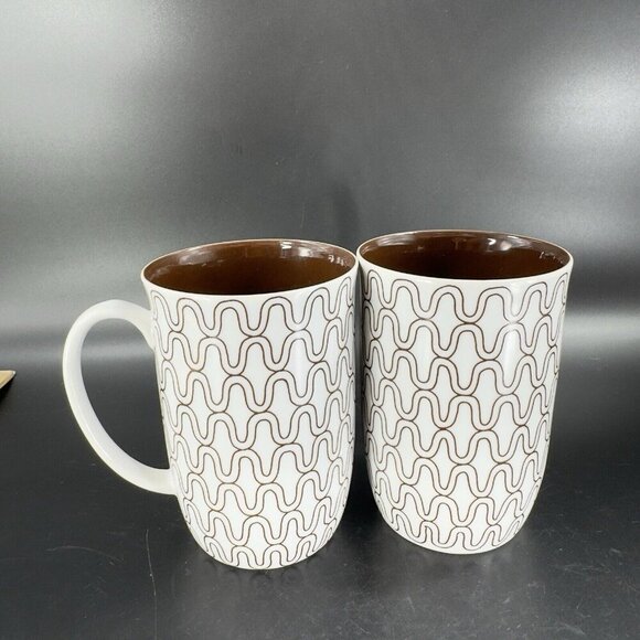 1970s FITZ & FLOYD FISHNET COFFEE MUG CUP BROWN WHITE HANDLED MUG SET 2 Pcs - Picture 13 of 13